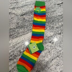 Colorful Rainbow Stripped Knee-High Socks with Clover